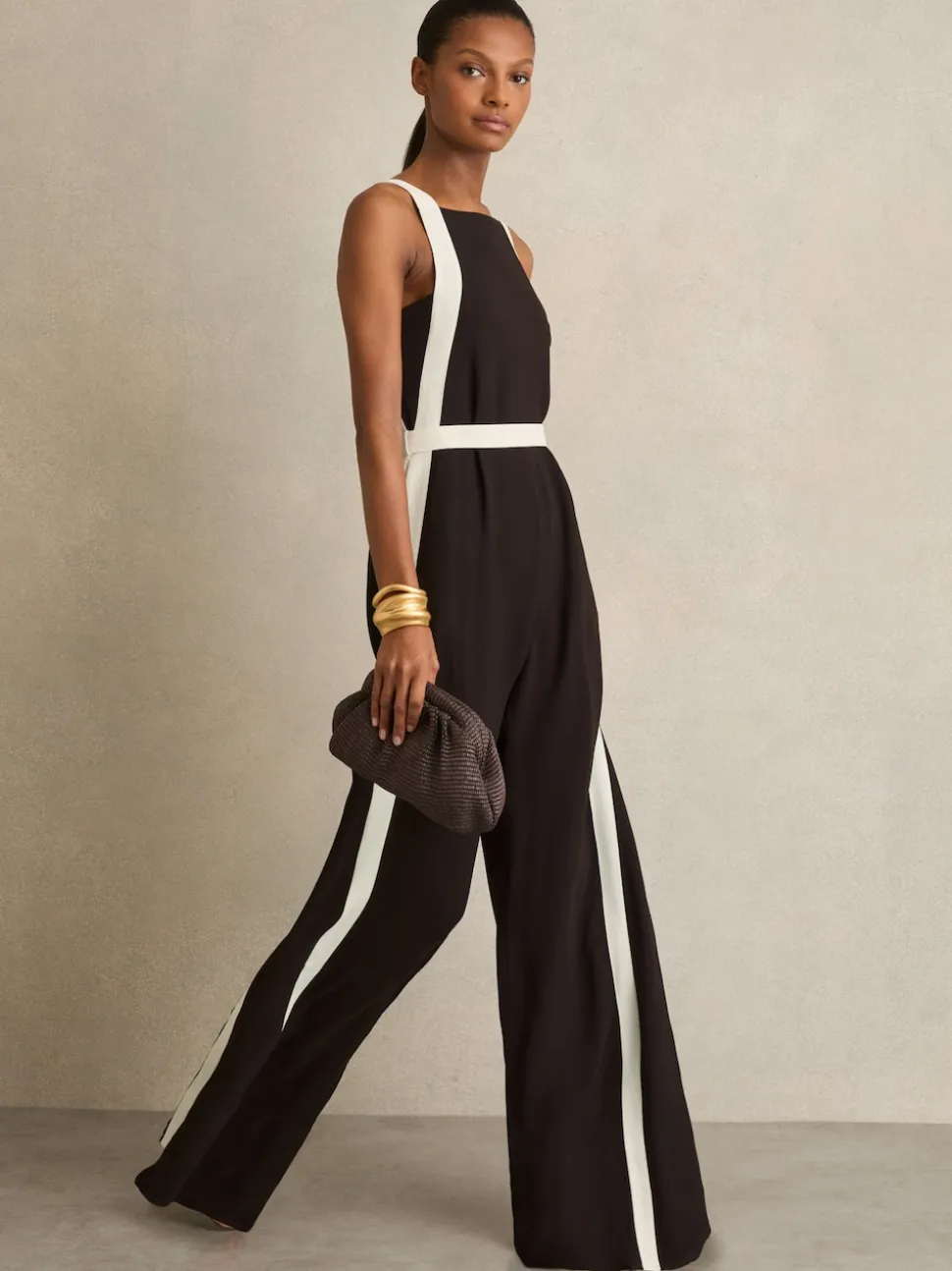 Reiss Chocolate/Cream Salma Colourblock Wide Leg Belted Jumpsuit