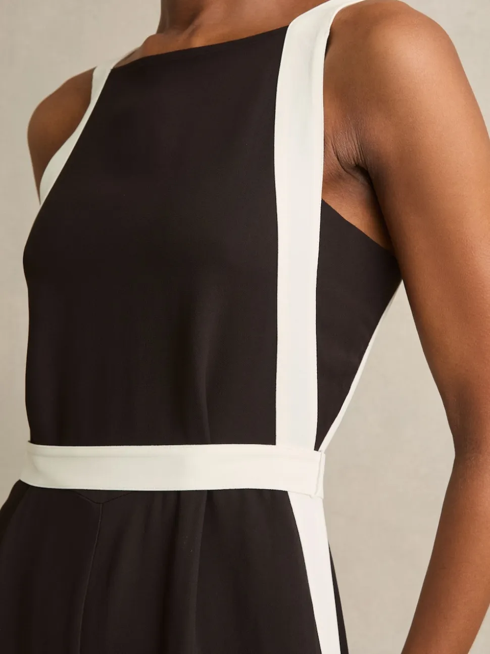 Reiss Chocolate/Cream Salma Colourblock Wide Leg Belted Jumpsuit