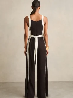 Reiss Chocolate/Cream Salma Colourblock Wide Leg Belted Jumpsuit