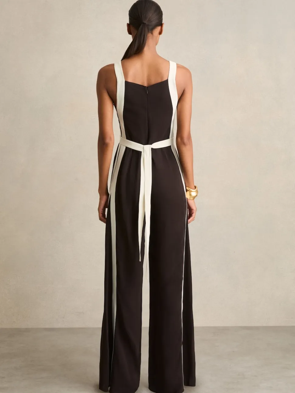 Reiss Chocolate/Cream Salma Colourblock Wide Leg Belted Jumpsuit