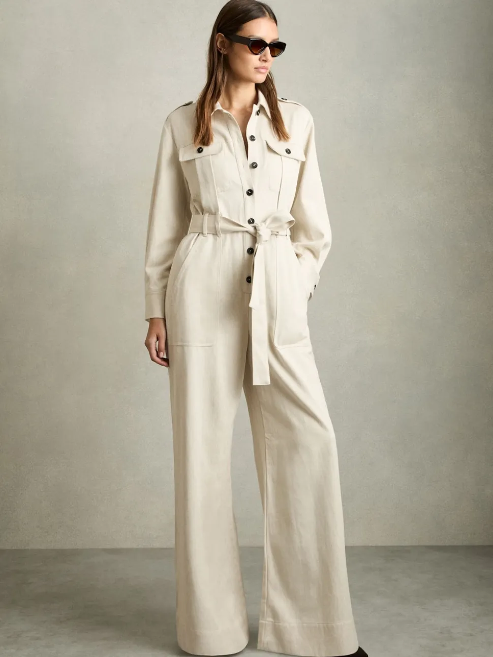 Reiss Cream Anais Wide Leg Utility Jumpsuit