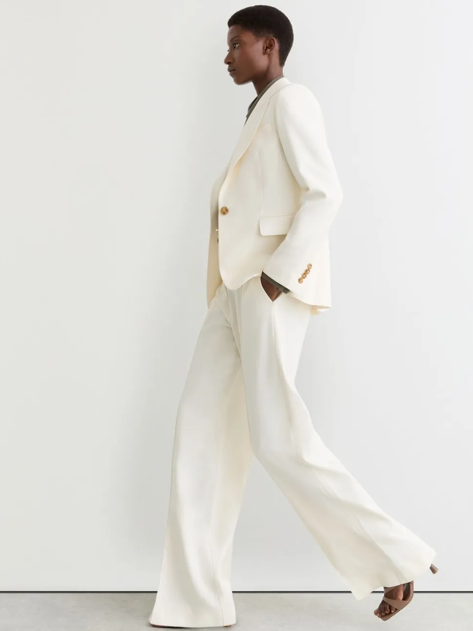 Reiss Cream Malin Petite Wide-Leg Seam-Detail Trousers