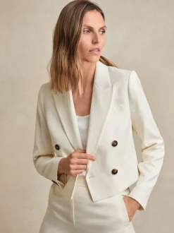 Reiss Cream Millie Double-Breasted Cropped Blazer