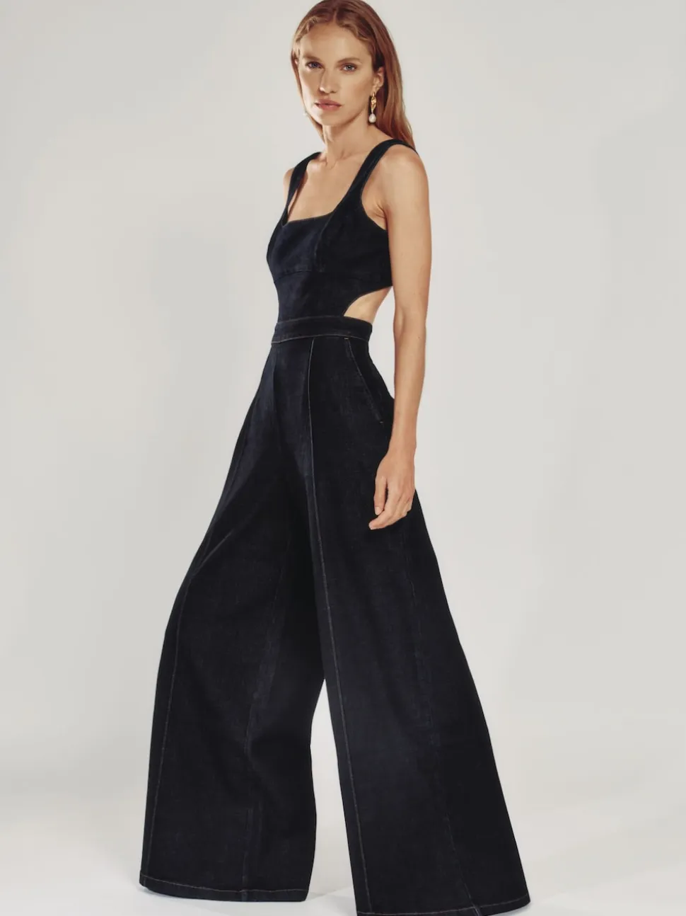 Reiss Dark Blue Dionna Wide-Leg Cut-Out Denim Jumpsuit