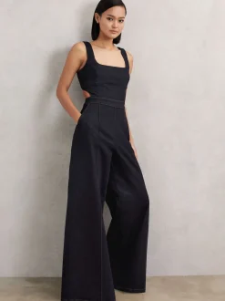 Reiss Dark Blue Dionna Wide-Leg Cut-Out Denim Jumpsuit