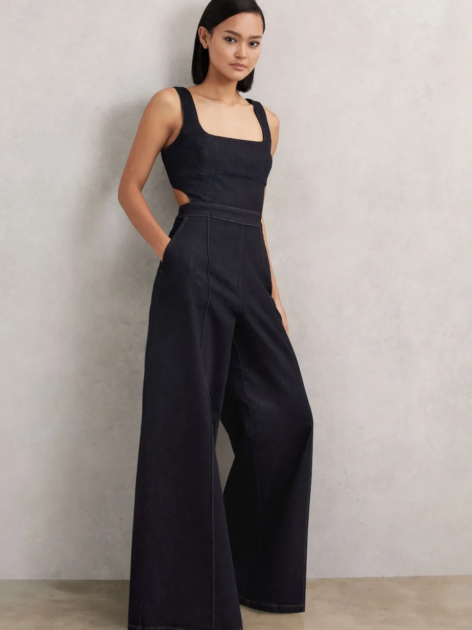 Reiss Dark Blue Dionna Wide-Leg Cut-Out Denim Jumpsuit