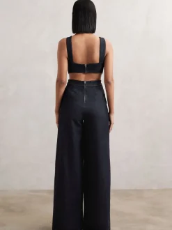 Reiss Dark Blue Dionna Wide-Leg Cut-Out Denim Jumpsuit