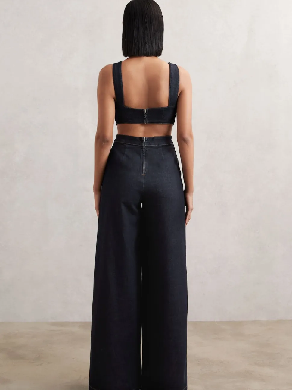 Reiss Dark Blue Dionna Wide-Leg Cut-Out Denim Jumpsuit