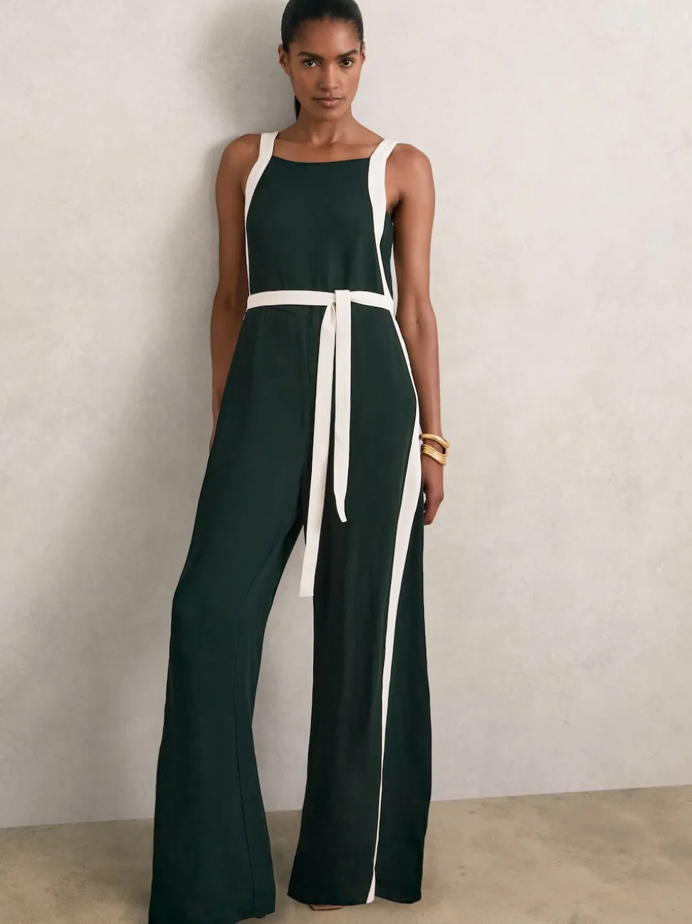 Reiss Dark Green/Cream Salma Petite Colourblock Wide Leg Belted Jumpsuit