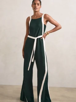 Reiss Dark Green/Cream Salma Petite Colourblock Wide Leg Belted Jumpsuit
