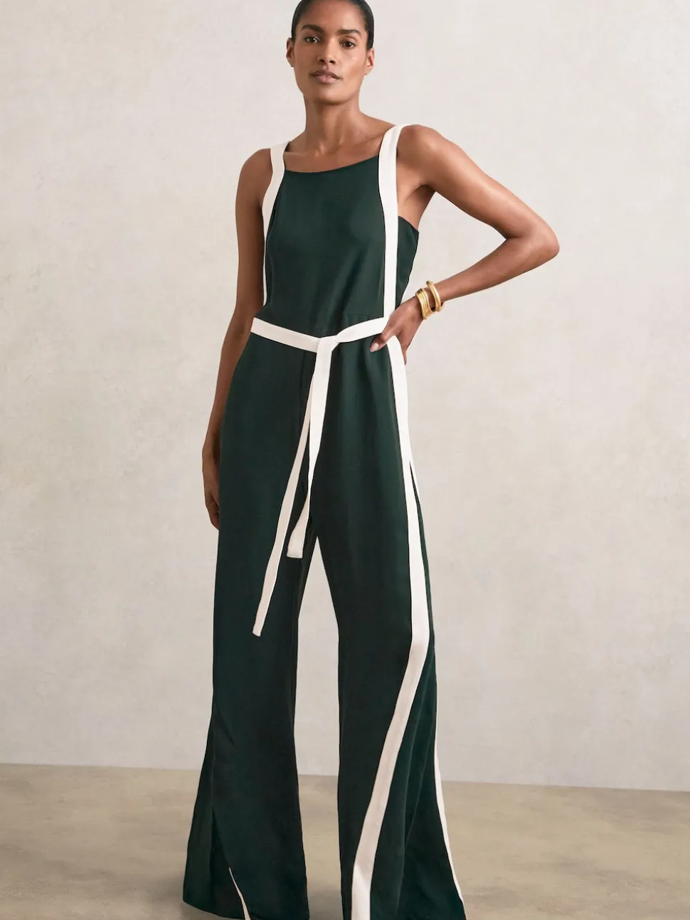 Reiss Dark Green/Cream Salma Petite Colourblock Wide Leg Belted Jumpsuit