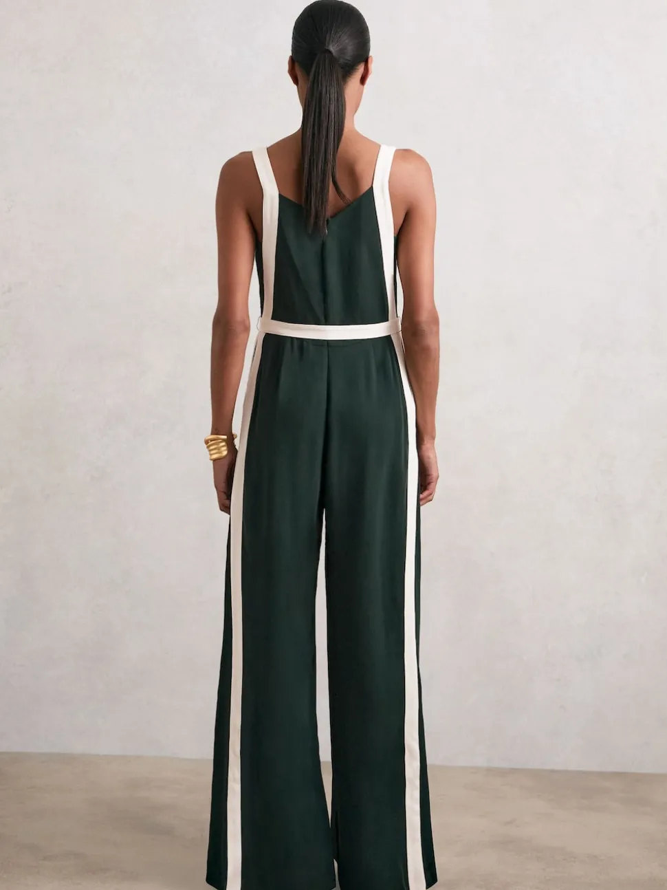 Reiss Dark Green/Cream Salma Petite Colourblock Wide Leg Belted Jumpsuit
