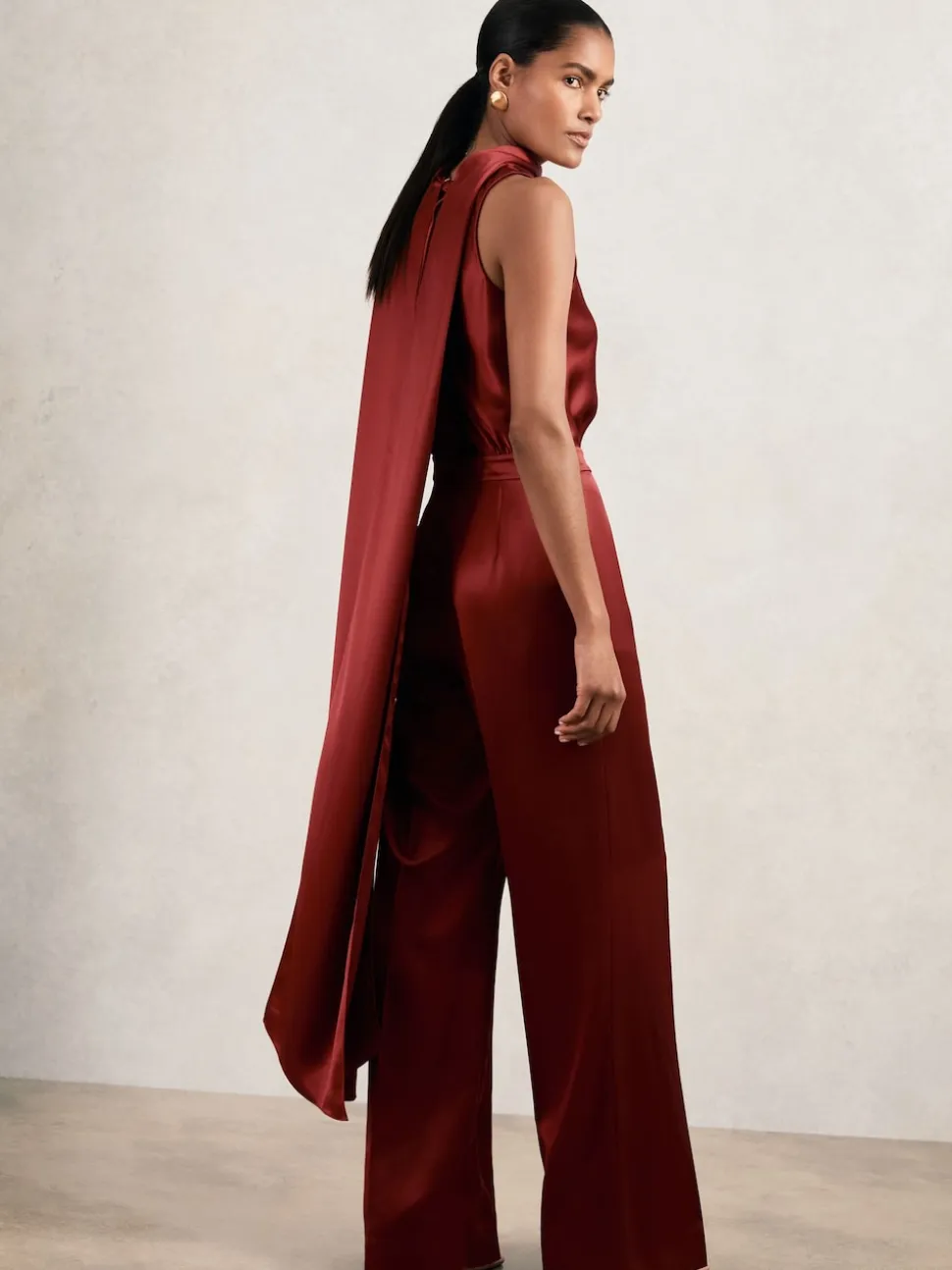 Reiss Dark Red Farah Petite Satin Cape-Sash Jumpsuit