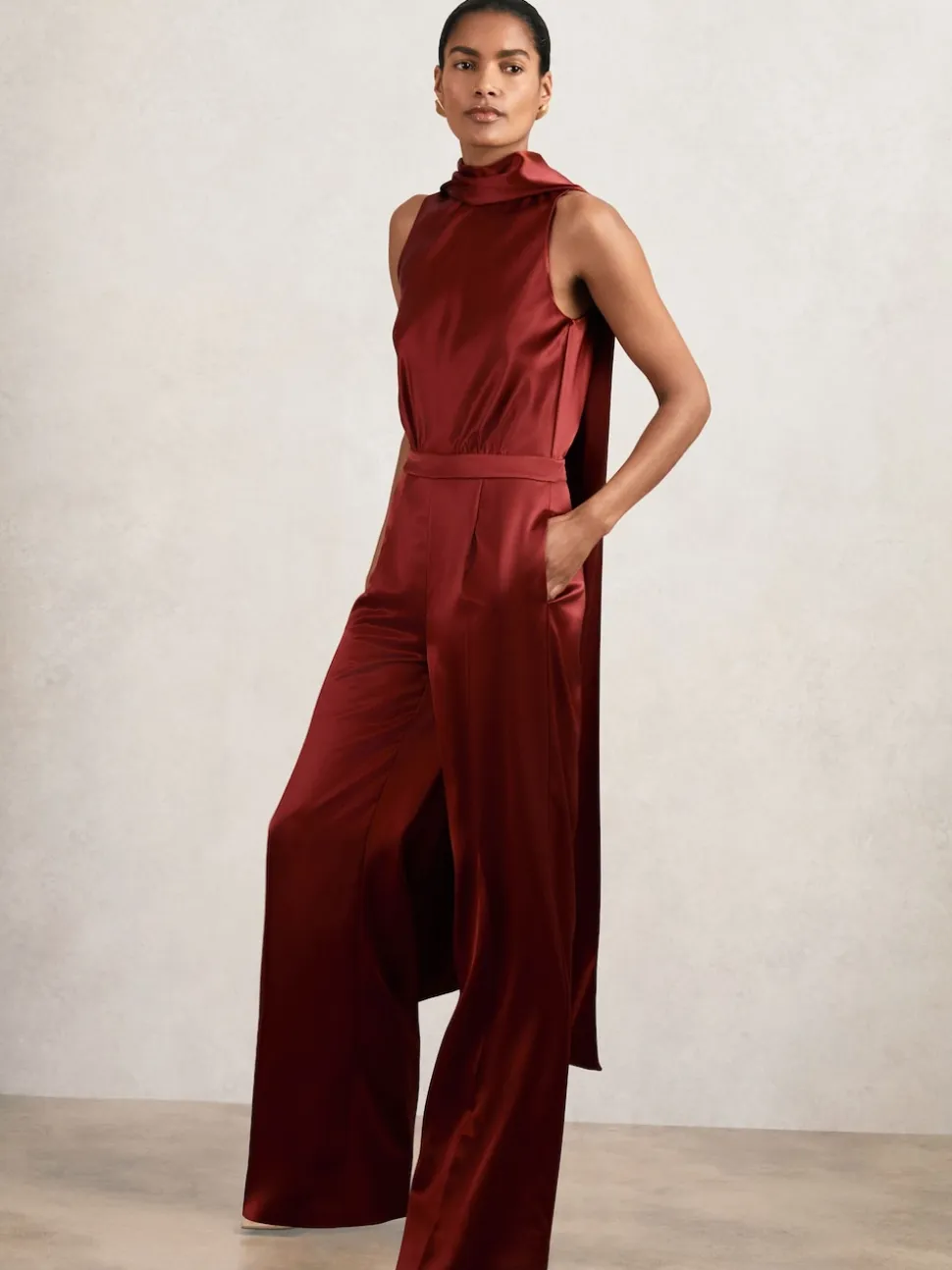 Reiss Dark Red Farah Petite Satin Cape-Sash Jumpsuit