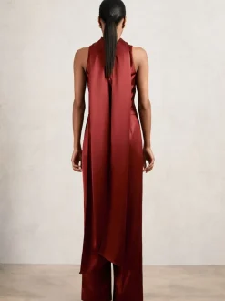 Reiss Dark Red Farah Petite Satin Cape-Sash Jumpsuit