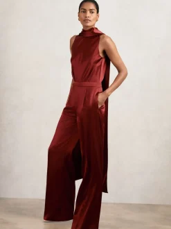 Reiss Dark Red Farah Satin Cape-Sash Jumpsuit