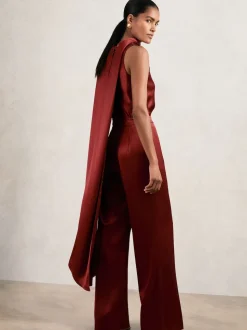 Reiss Dark Red Farah Satin Cape-Sash Jumpsuit