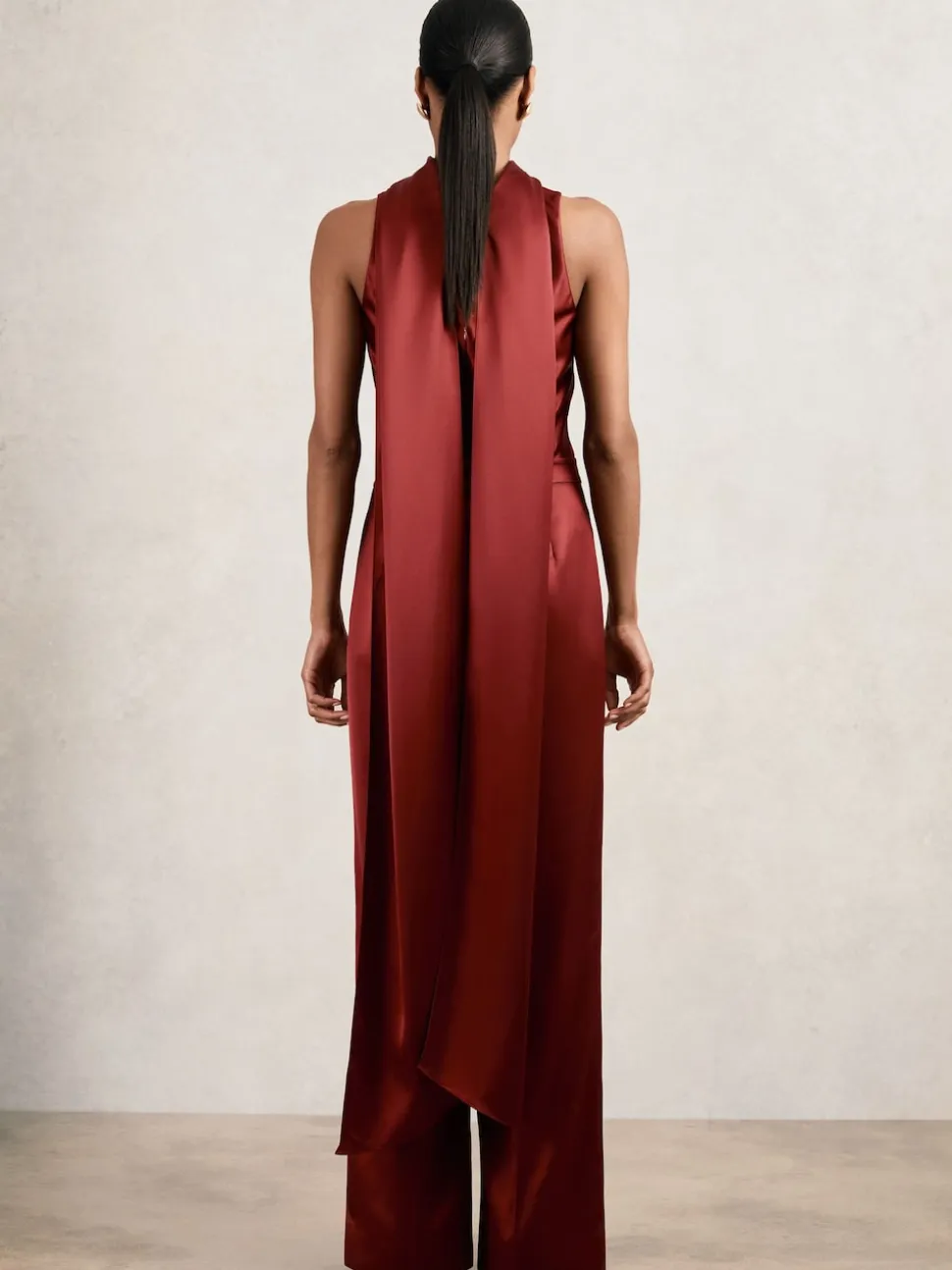 Reiss Dark Red Farah Satin Cape-Sash Jumpsuit