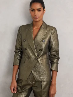 Reiss Gold Sienna Double-Breasted Metallic Suit Blazer with Cotton