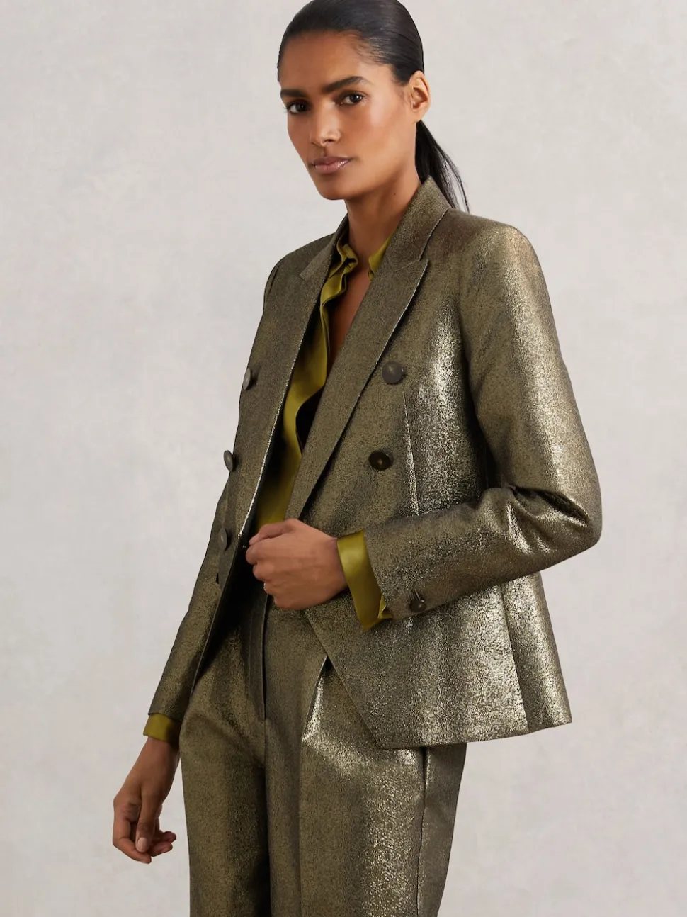 Reiss Gold Sienna Petite Double-Breasted Metallic Suit Blazer with Cotton