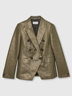 Reiss Gold Sienna Petite Double-Breasted Metallic Suit Blazer with Cotton