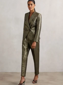 Reiss Gold Sienna Petite Double-Breasted Metallic Suit Blazer with Cotton
