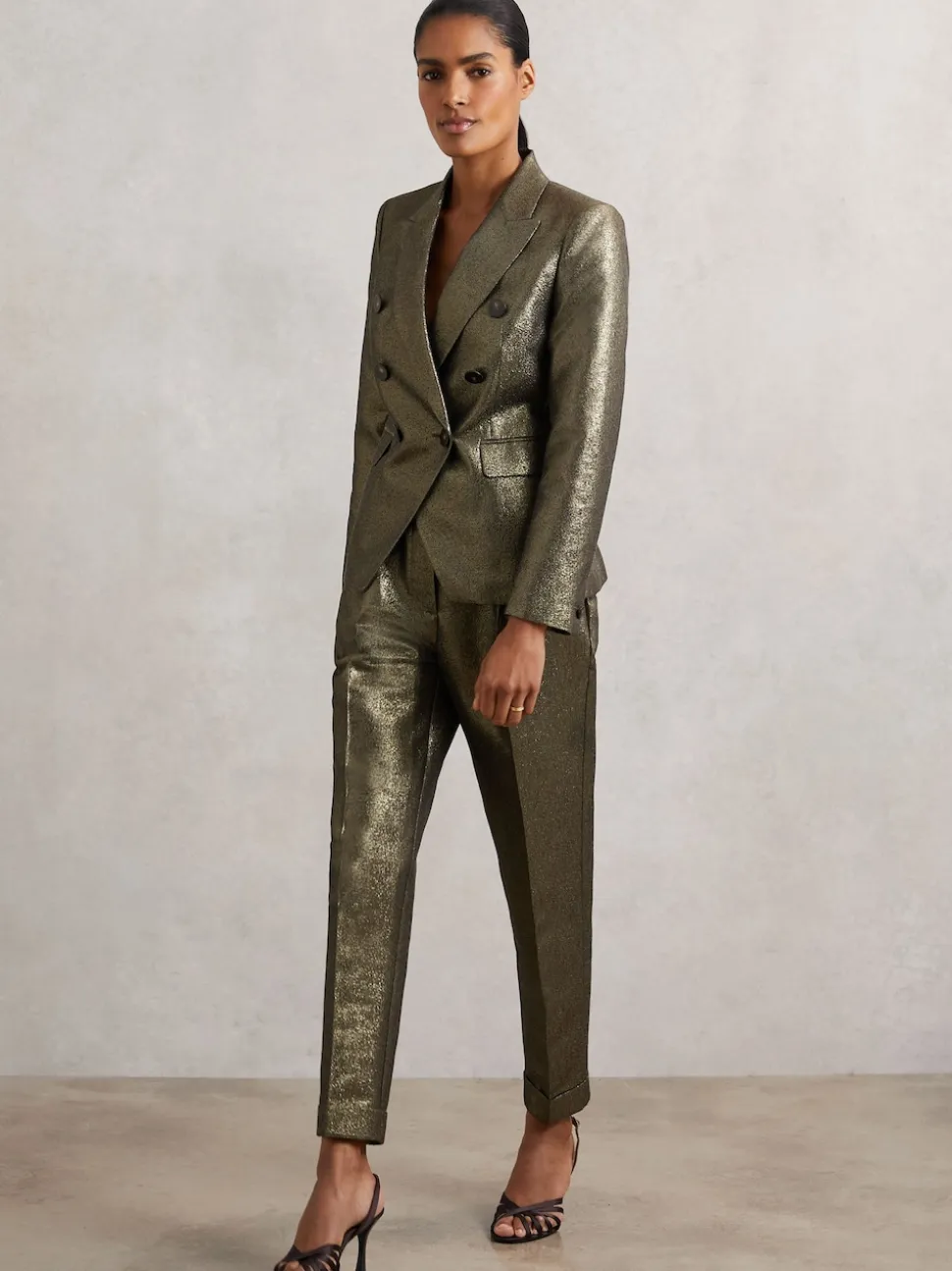 Reiss Gold Sienna Petite Double-Breasted Metallic Suit Blazer with Cotton