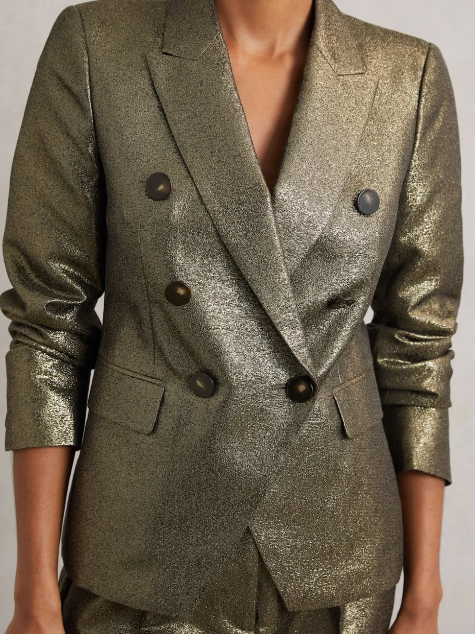 Reiss Gold Sienna Petite Double-Breasted Metallic Suit Blazer with Cotton
