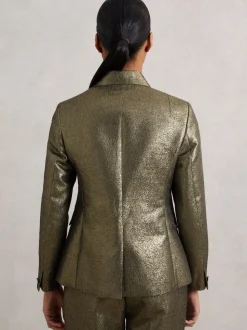 Reiss Gold Sienna Petite Double-Breasted Metallic Suit Blazer with Cotton