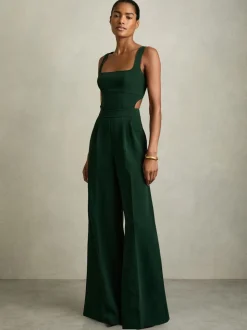 Reiss Green Dion Wide-Leg Cut-Out Jumpsuit