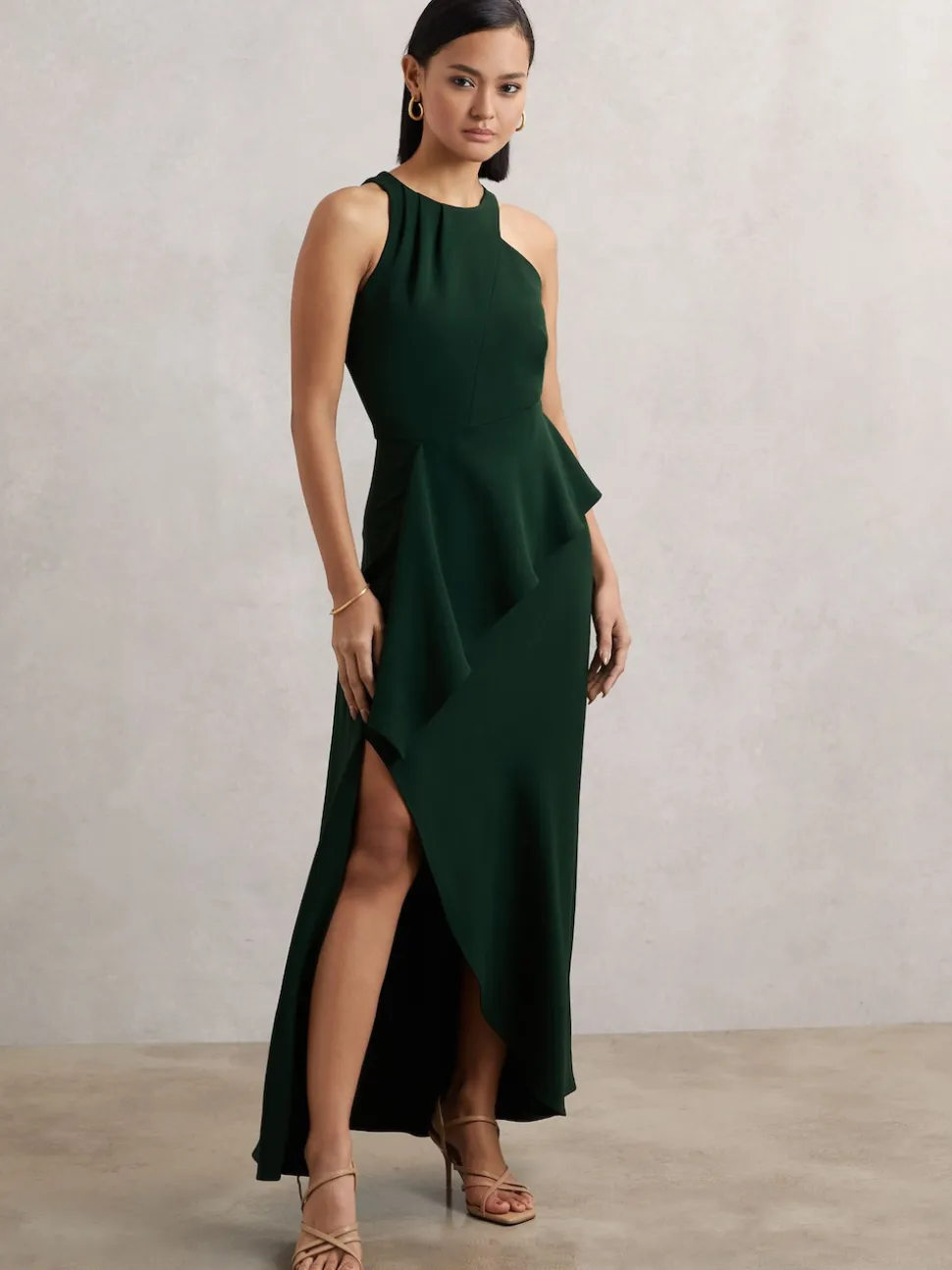 Reiss Green Gabriella Ruffled Slash-Detail Maxi Dress