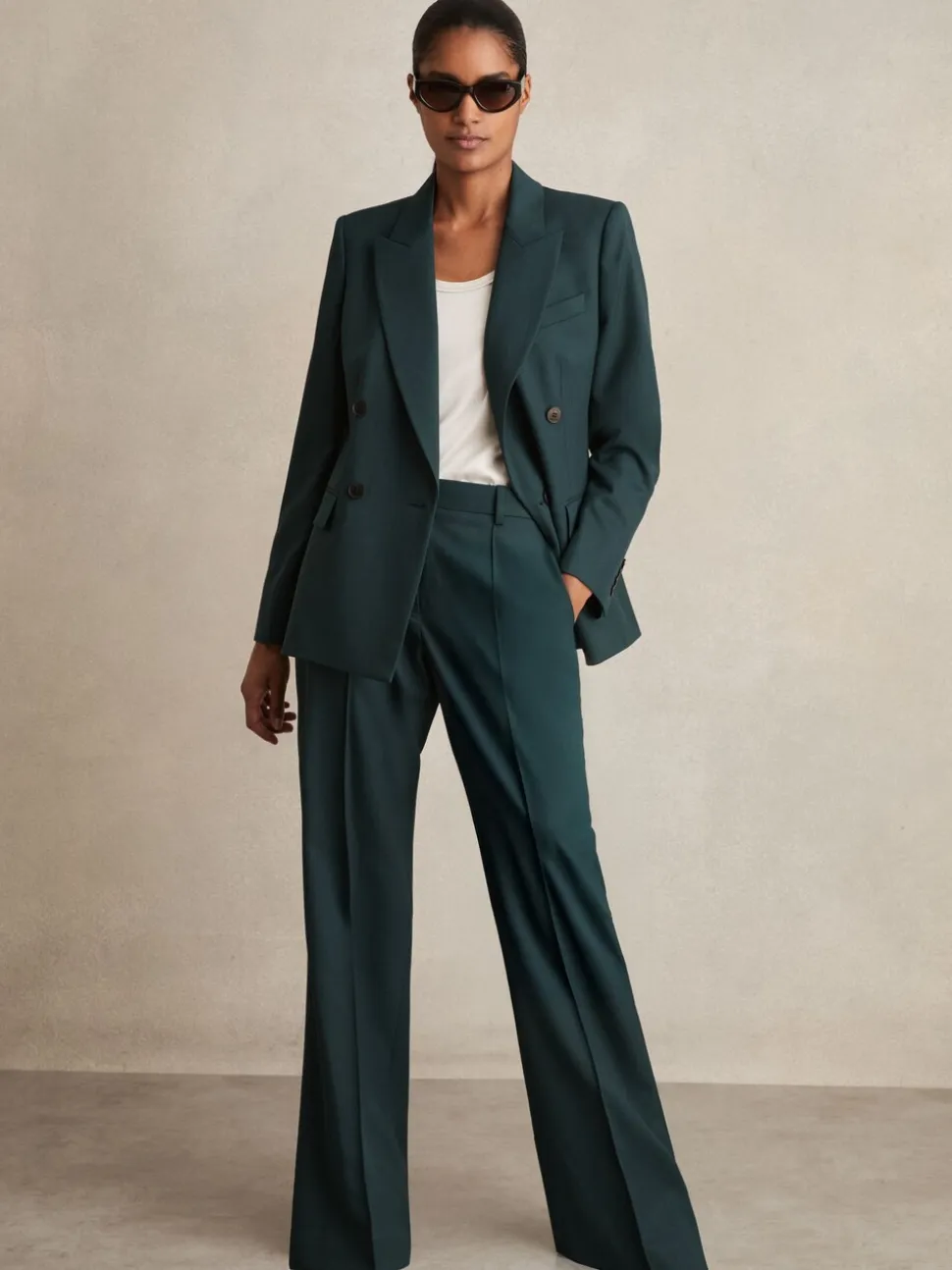 Reiss Green Jade Wool-Blend Wide-Leg Suit Trousers
