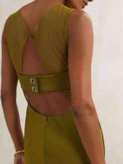 Reiss Green Opi Atelier Satin Sheer-Panel Maxi Dress