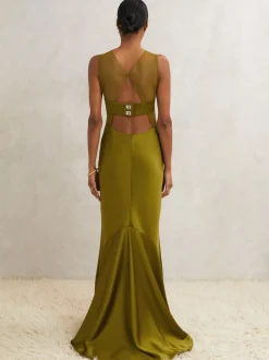 Reiss Green Opi Atelier Satin Sheer-Panel Maxi Dress