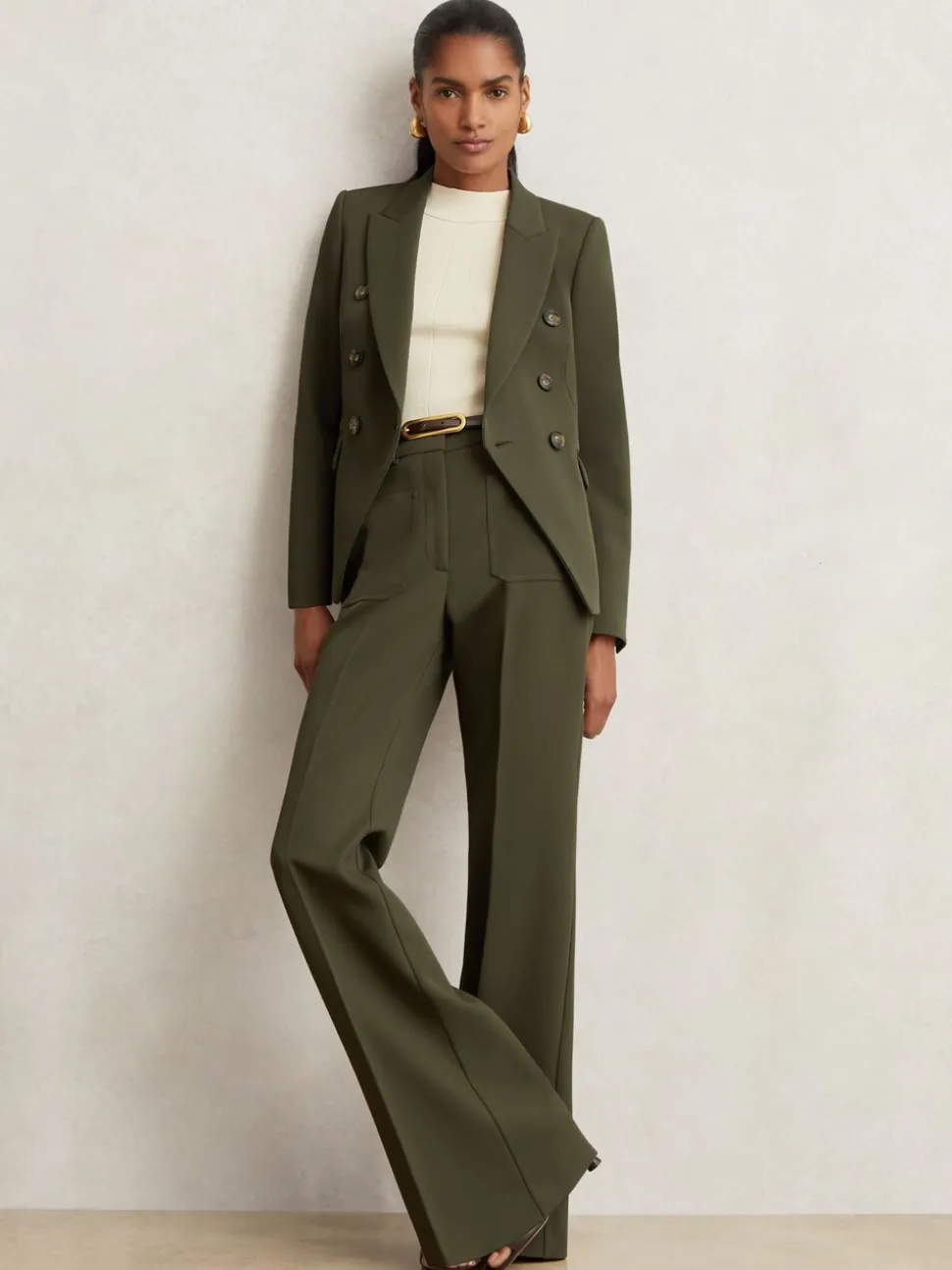 Reiss Green Priya Twill Double-Breasted Blazer