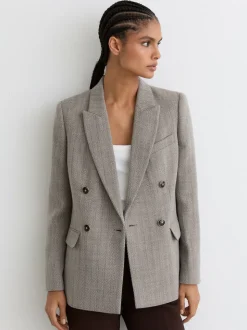 Reiss Grey Ember Herringbone Double-Breasted Blazer Wool-Cotton