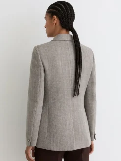 Reiss Grey Ember Herringbone Double-Breasted Blazer Wool-Cotton