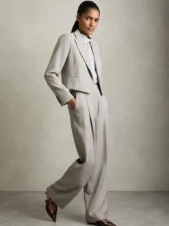 Reiss Grey Harper Double-Breasted Cropped Wool-Blend Blazer