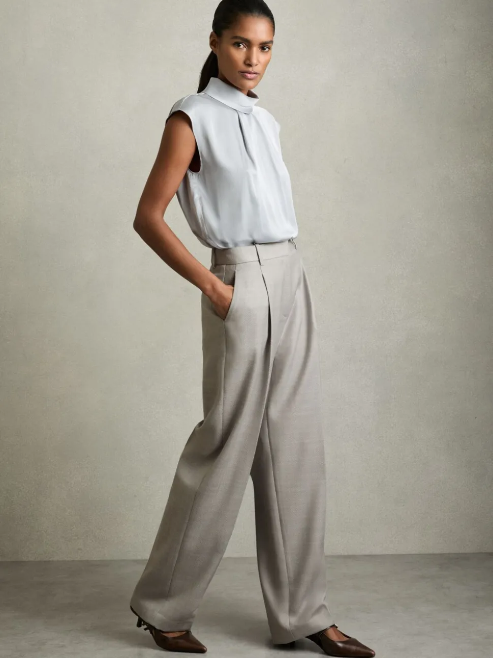 Reiss Grey Harper Wool-Blend Wide-Leg Suit Trousers