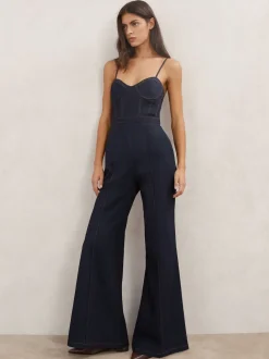 Reiss Indigo Blue Macey Wide-Leg Bustier Denim Jumpsuit