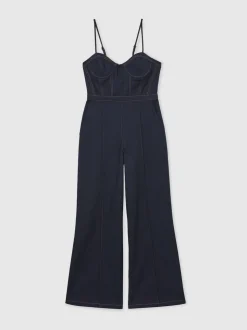 Reiss Indigo Blue Macey Wide-Leg Bustier Denim Jumpsuit