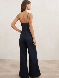 Reiss Indigo Blue Macey Wide-Leg Bustier Denim Jumpsuit