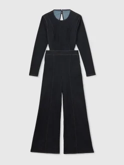 Reiss Indigo Blue Sanata Wide-Leg Open-Back Denim Jumpsuit