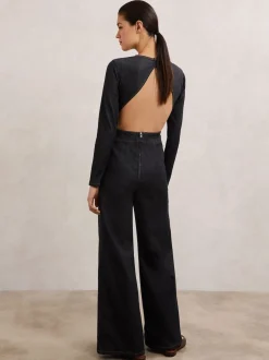 Reiss Indigo Blue Sanata Wide-Leg Open-Back Denim Jumpsuit