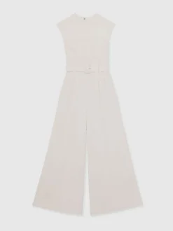 Reiss Ivory Alba Petite Sheer-Panel Wide-Leg Belted Jumpsuit