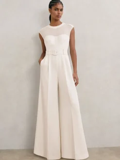 Reiss Ivory Alba Petite Sheer-Panel Wide-Leg Belted Jumpsuit
