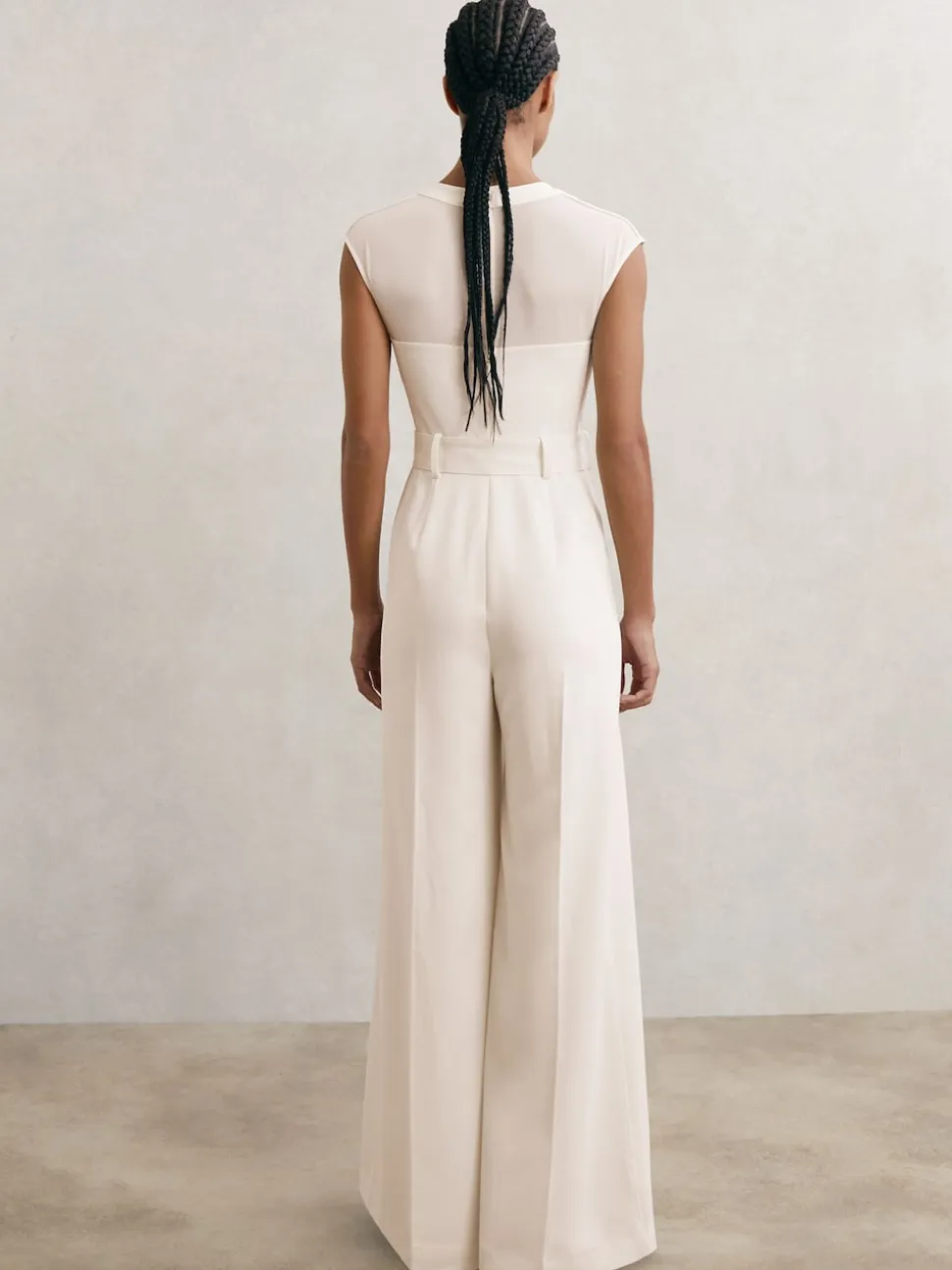 Reiss Ivory Alba Petite Sheer-Panel Wide-Leg Belted Jumpsuit