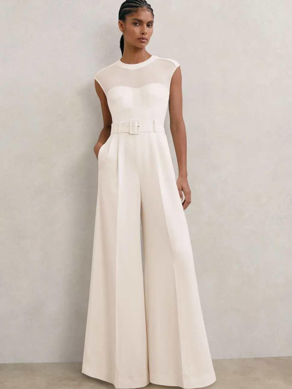Reiss Ivory Alba Sheer-Panel Wide-Leg Belted Jumpsuit