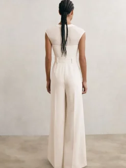 Reiss Ivory Alba Sheer-Panel Wide-Leg Belted Jumpsuit