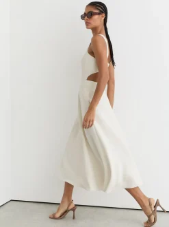 Reiss Ivory Dina Waisted Cut-Out Twill Midi Dress